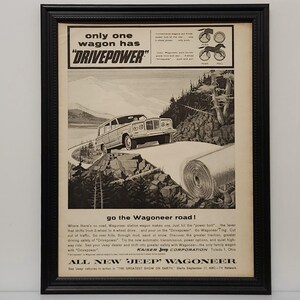 Framed 60&#39;s Vintage Car Ad 1963 Kaiser Jeep Wagoneer 4x4 Truck B&W Advertisement Automotive Classic Wall Art Photo Poster