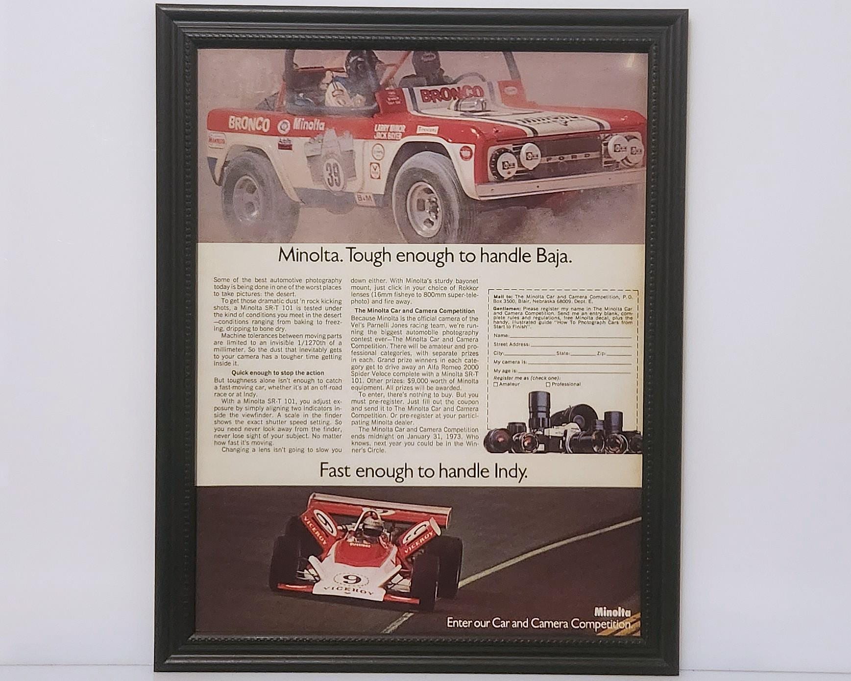 Framed Vintage 70's Minolta Camera Ad 1972 Race Cars Ford Bronco