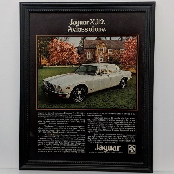 Framed 70's Car Ad 1975 Jaguar XJ12 Sedan V-12 Advertisement Vintage Automotive Classic Wall Art Photo Poster