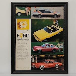 Framed Vintage 70's Car Ad 1977 Ford Pinto Cruising Wagon Mustang II Pinto Thunderbird Advertisement Automotive Wall Art Photo Poster