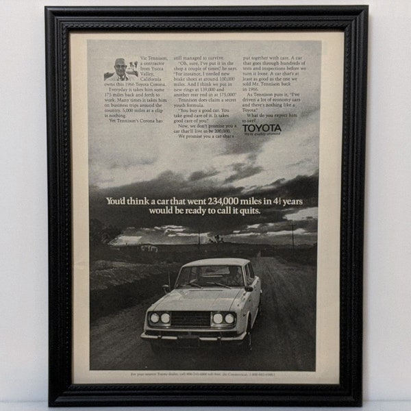 Framed Vintage Car Ad 1966 Toyota Corona 1972 Advertisement Automotive Classic B&W Wall Art Photo Poster Retro