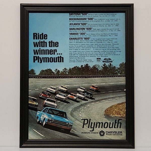 Framed Vintage 60's Car Ad 1966 Plymouth NASCAR Race Car Belvedere Hemi Satilite GTX Mopar Richard Petty #43 Racing Wall Art Photo Poster