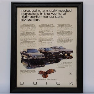 Framed Vintage 80&#39;s Car Ad 1987 Buick T-Type Lineup Riviera Somerset Skyhawk Retro Automotive Advertisement Classic Wall Art Photo Poster