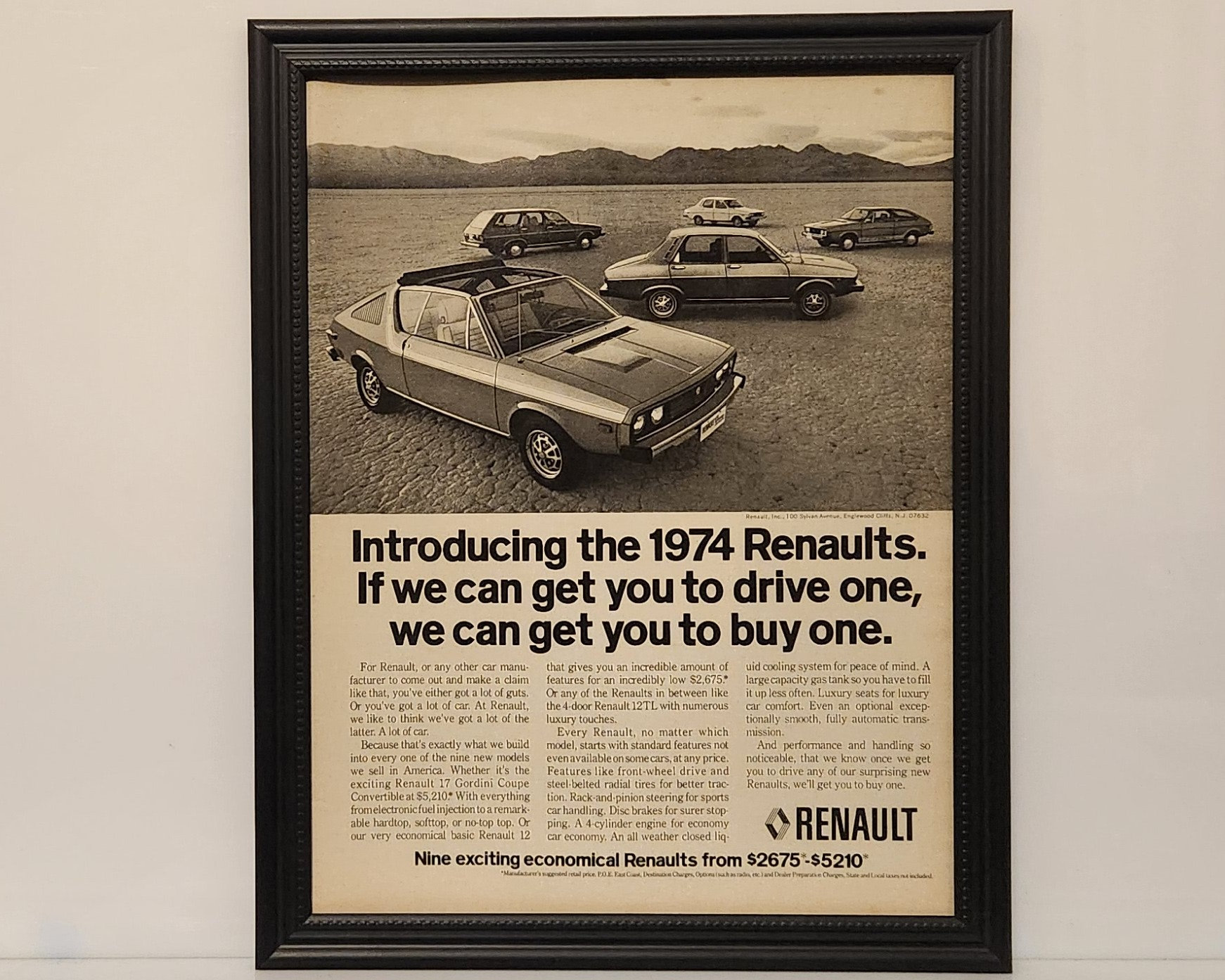 Framed 70's Vintage Car Ad 1974 Renault Lineup 17 Gordini Coupe 12