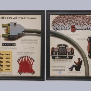 Framed Vintage 70&#39;s Ad 1972 Volkswagen Beetle VW Bug Rolls Royce Two Page Advertisement Automotive Wall Art Photo Poster