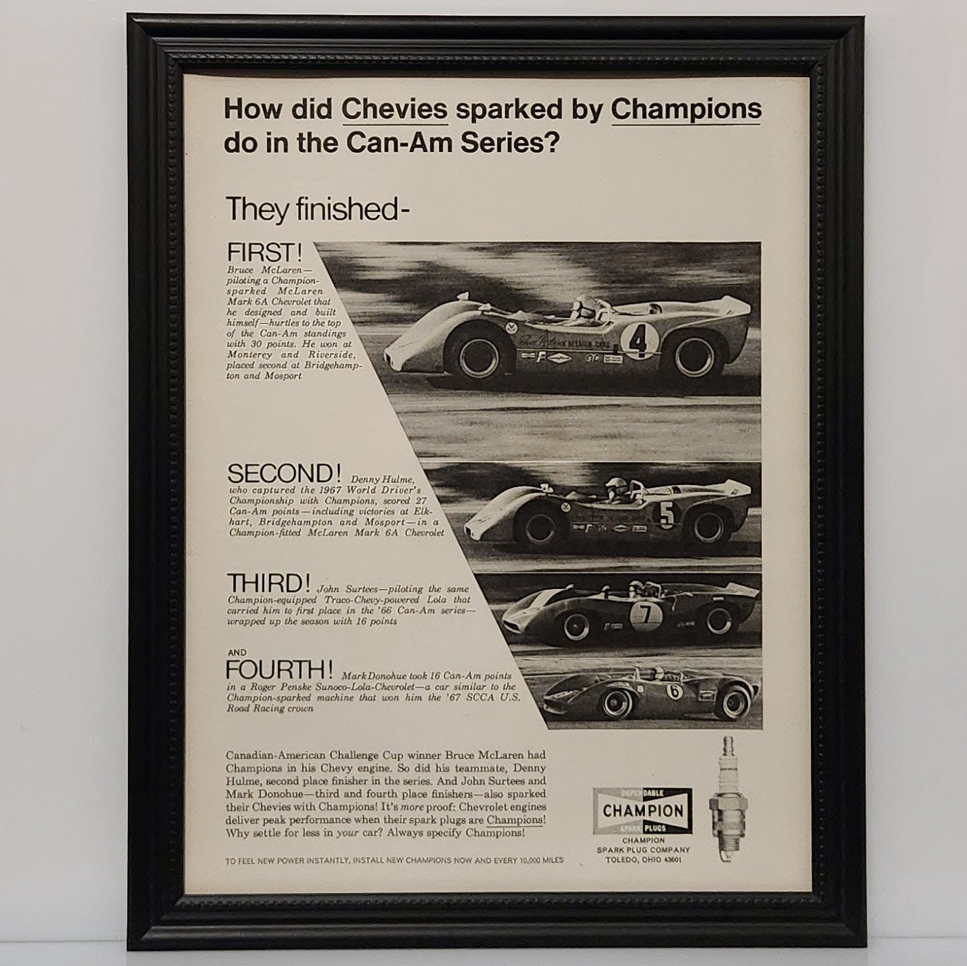Framed 60's Vintage Champion Ad 1966 1967 Can-am Race Cars Mclaren