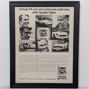 Framed Vintage 70&#39;s Quaker State Ad 1975 Triumph TR-6 Spitfire 1500 MGB Race Cars Automotive Advertisement Classic B&W Photo Wall Art Poster