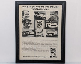 Framed Vintage 70's Quaker State Ad 1975 Triumph TR-6 Spitfire 1500 MGB Race Cars Automotive Advertisement Classic B&W Photo Wall Art Poster