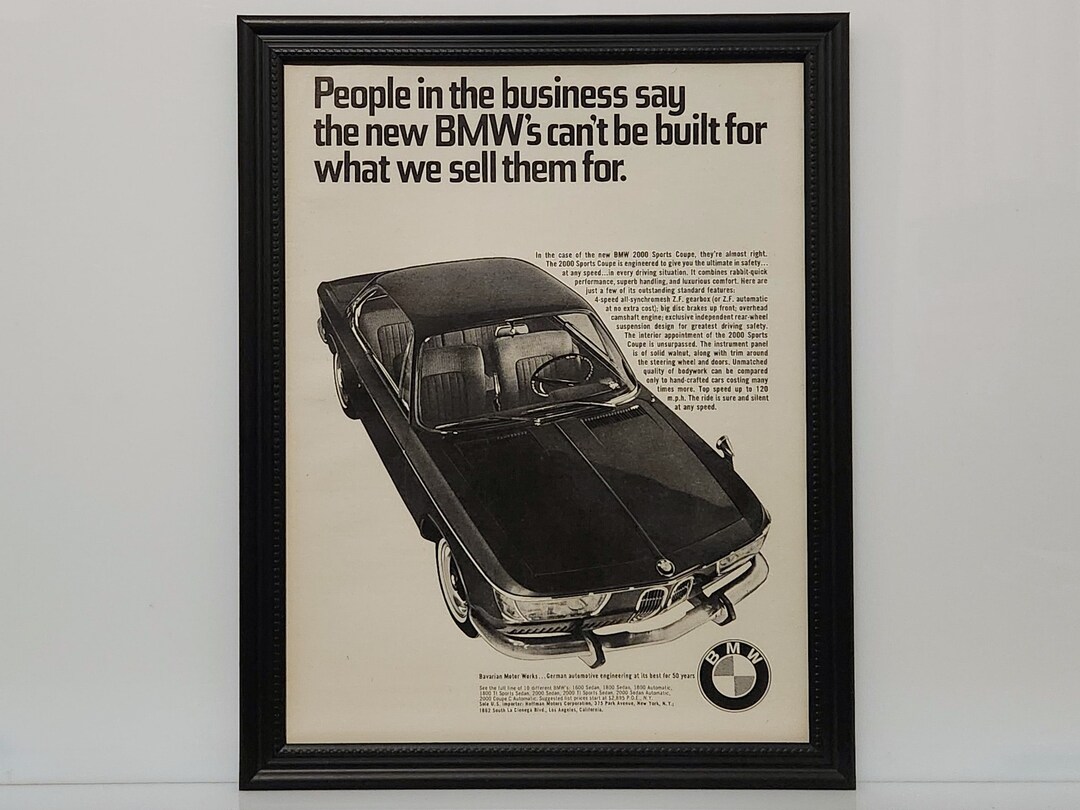Framed Vintage 60's Car Ad 1966 BMW 2000CS Coupe Classic B&W ...
