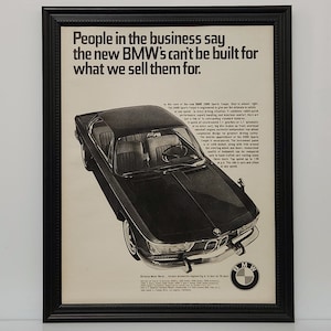 Vintage 60's Car Ad 1966 BMW 2000CS Coupé Classic B&W Werbung Automobile Wand Kunst Foto Retro Poster