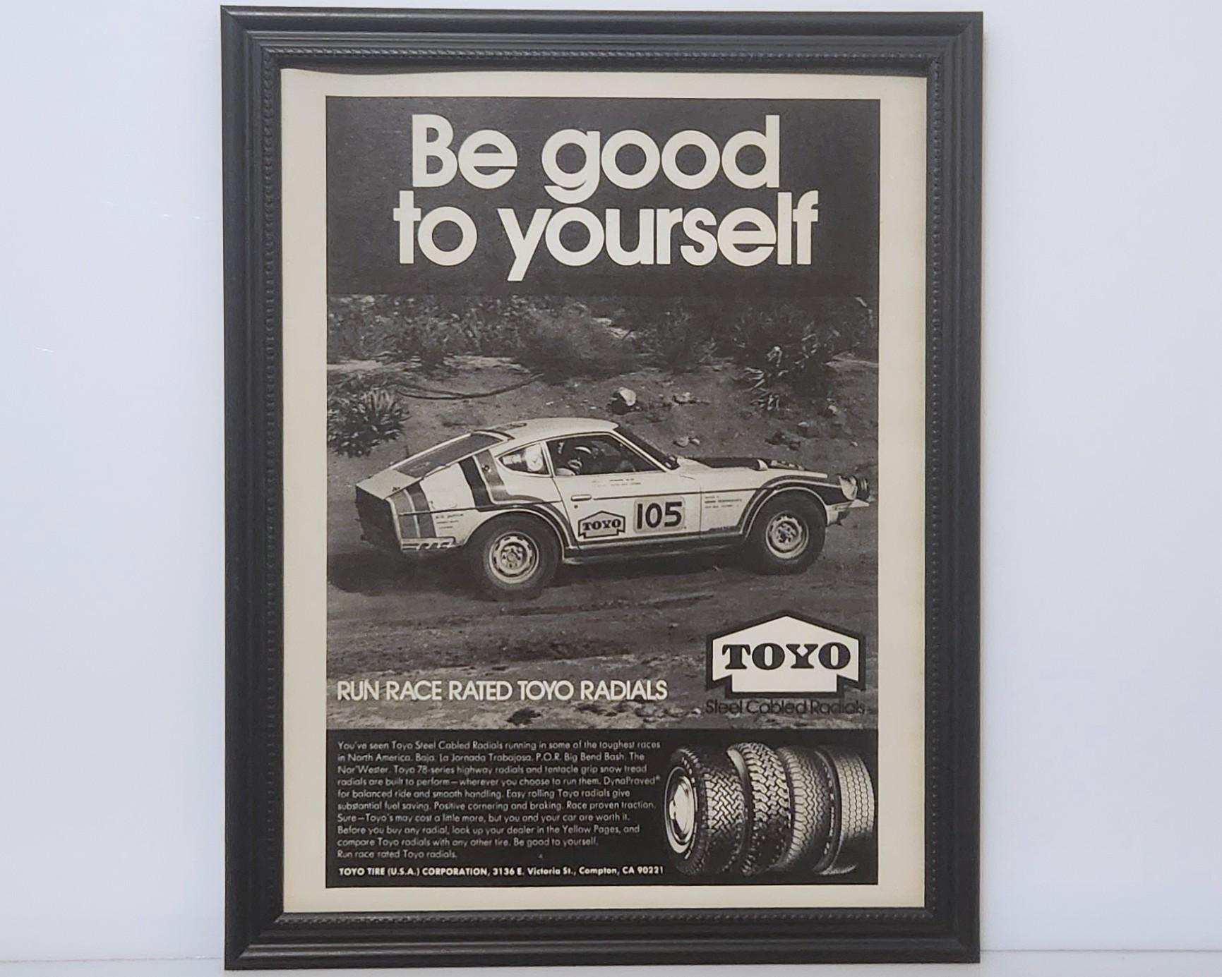 Framed 70's Vintage Toyo Tires Ad Datsun 260Z Rally Race Car