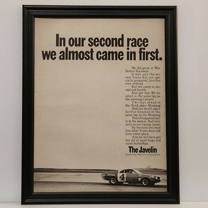 Ingelijste vintage autoadvertentie uit de jaren 60 1968 AMC Javelin Trans Am Racing Race retro zwart-wit advertentie automotive klassieke kunst aan de muur fotoposter