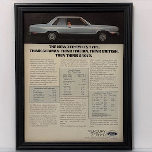 Framed Vintage 70&#39;s Car Ad 1978 Mercury Zephyr Coupe 1977 Classic Advertisement Automotive Wall Art Photo Retro Poster
