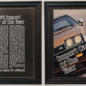Anuncio de coches antiguos enmarcado de los años 70 1978 Toyota Celica Motor Trend Coche del año Anuncio de 2 páginas Automotriz Clásico Arte de pared Póster fotográfico
