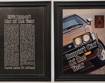 Framed 70's Vintage Car Ad 1978 Toyota Celica Motor Trend Car Of The Year 2 Page Advertisement Automotive Classic Wall Art Photo Poster