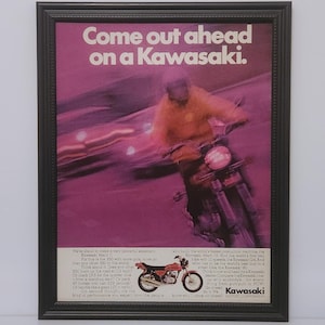 Framed Vintage 70&#39;s Bike Ad 1972 Kawasaki S1 350 Mach II Classic Motorcycle Advertisement Wall Art Photo Poster