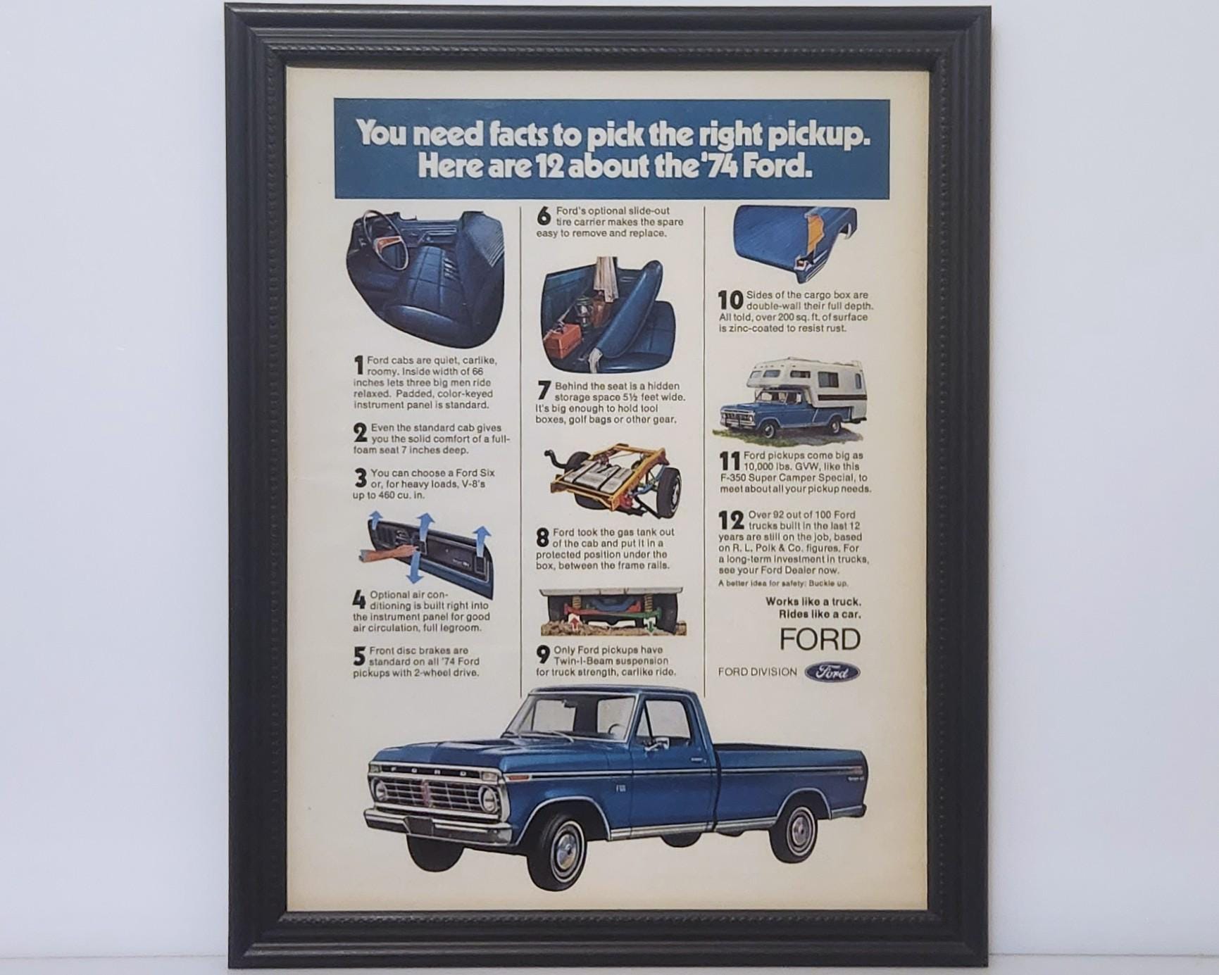 Framed 70's Vintage Car Ad 1974 Ford F-100 & F-350 Super Camper