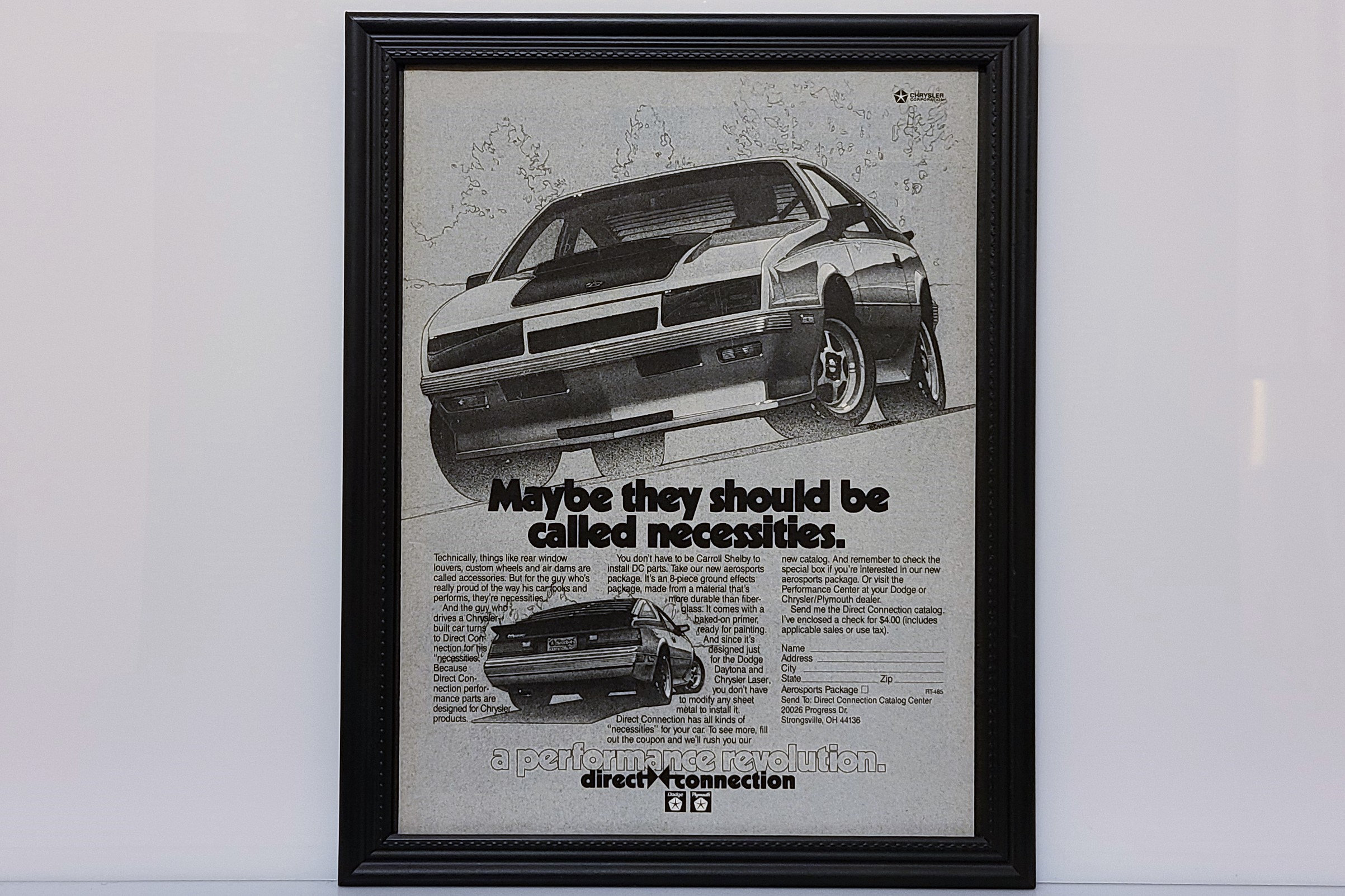 Framed Vintage 80's Car Ad 1985 Chrysler Dodge Daytona Turbo Shelby Parts Advertisement Retro Automotive Classic B&W Wall Art Photo Poster
