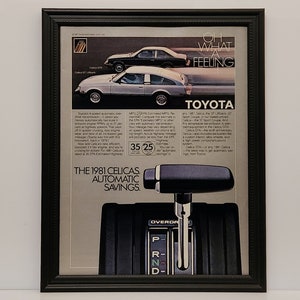 Framed Vintage 80&#39;s Car Ad 1981 Toyota Celica GT Liftback & GTA Coupe Classic Advertisement Automotive Wall Art Photo Poster