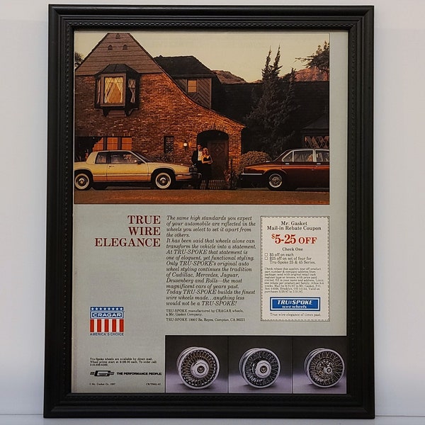 Framed vintage 80's Craiger Wheels Ad 1987 Cadillac Eldorado Jaguar XJ Wire Spoke Rims Retro Advertising Classic Wall Art Photo Poster