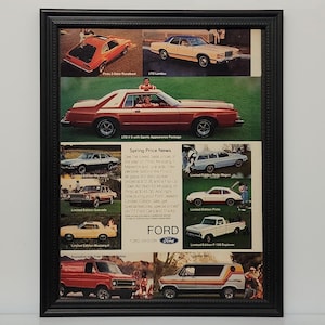 Framed Vintage 70&#39;s Car Ad 1977 Ford Lineup Custom Van F-150 LTD Maverick Granada Mustang Pinto Wagon Classic Advertisement Photo Poster