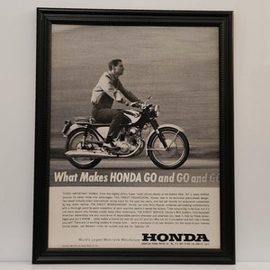 Framed 60&#39;s Vintage Motorcycle Ad 1963 Honda CB77 Superhawk 305 B&W Advertisement Automotive Classic Wall Art Photo Poster