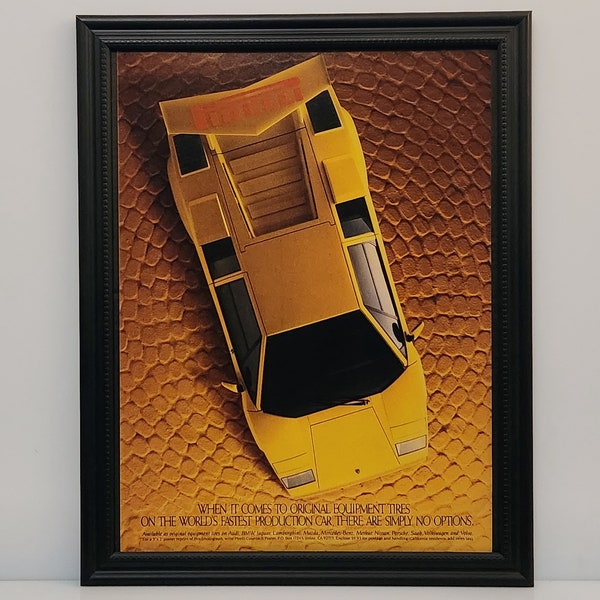 Framed Vintage 80's Pirelli Ad Lamborghini Countach 1985 Classic Car Tire Advertisement Automotive Wall Art Photo Poster