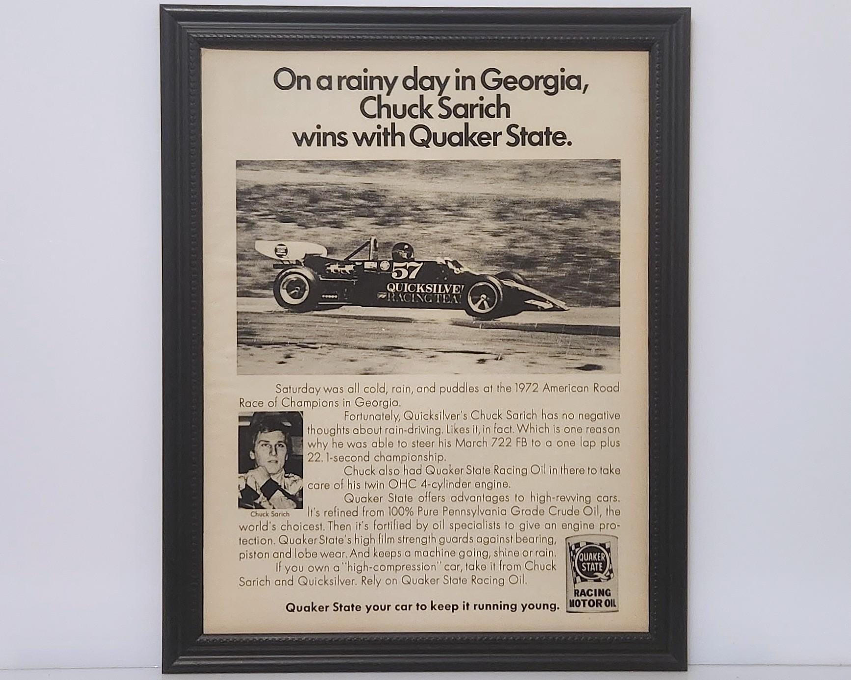 Framed Vintage 70's Quaker State Ad 1972 March 722 FB Formula B