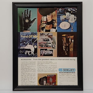 Framed 60&#39;s Vintage Car Ad 1968 Shelby Cobra Accessories Ford GT40 Daytona Mustang Advertisement Automotive Classic Wall Art Poster Artwork