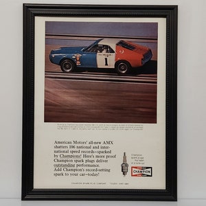 Ingelijste jaren 60 Vintage Champion Ad 1968 AMC AMX Muscle Car Retro Advertentie Automotive Classic Wall Art Foto Poster Artwork