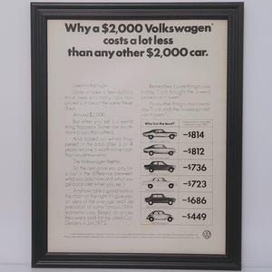 Framed Vintage 70&#39;s Ad 1972 Volkswagen Beetle VW Bug Classic Automotive Advertisement Wall Art Photo Poster