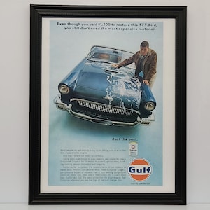 Enmarcado Vintage 60's Gulf Ad 1957 Ford Thunderbird T-Bird 1966 Anuncio de coche clásico Arte de pared automotriz Foto Póster retro