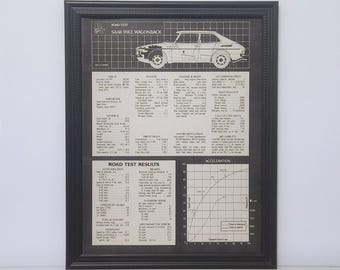 Framed Vintage 70's Saab 99 LE Specs Road Test Magazine 99LE Results Classic Car Specifications Photo Poster