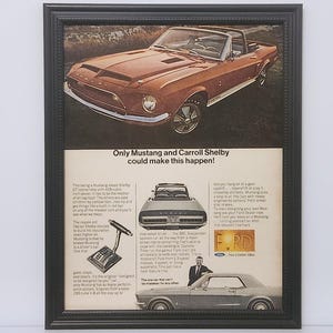 Framed Vintage 60&#39;s Car Ad 1968 Shelby GT500 Ford Mustang Convertible Muscle Car Classic Automotive Advertisement Wall Art Photo Poster