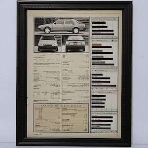 May include: A framed vintage magazine page featuring a Saab 900 Turbo, including side, front, and rear exterior views. The document displays detailed technical specifications, performance data, and comparative bar charts for various car models.