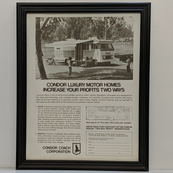 RARE Promo ad 1969 Condor Luxury Motor Homes RV Camper Coach Truck Advertisement Vintage Automotive Retro Classic B&W Wall Art Photo Poster