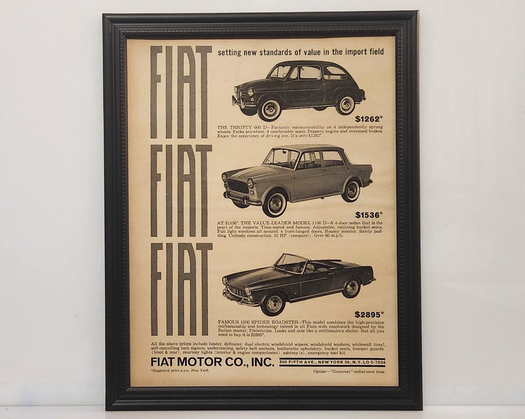 60's Vintage Car Ad 1964 Fiat Lineup 1500 Spider 1100 600 Retro Poster