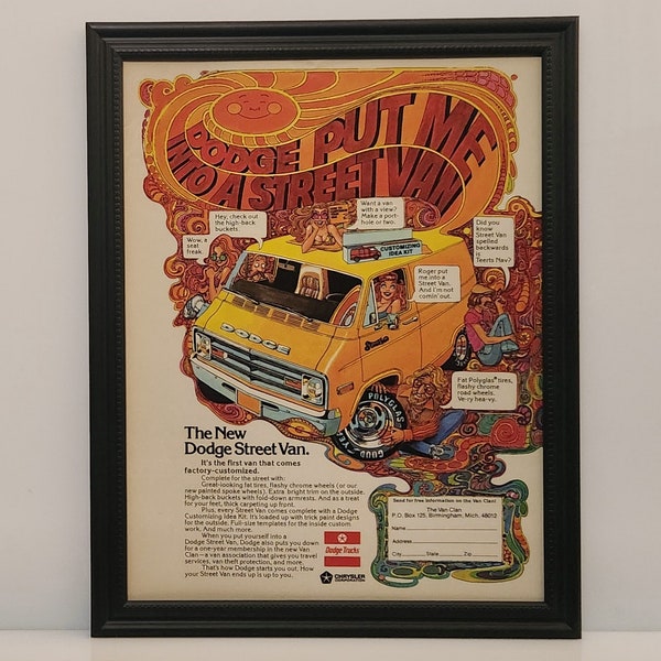 Framed Vintage 70's Car Ad Dodge Street Van Custom Tradesman 1976 Classic Advertisement Automotive Wall Art Photo Poster