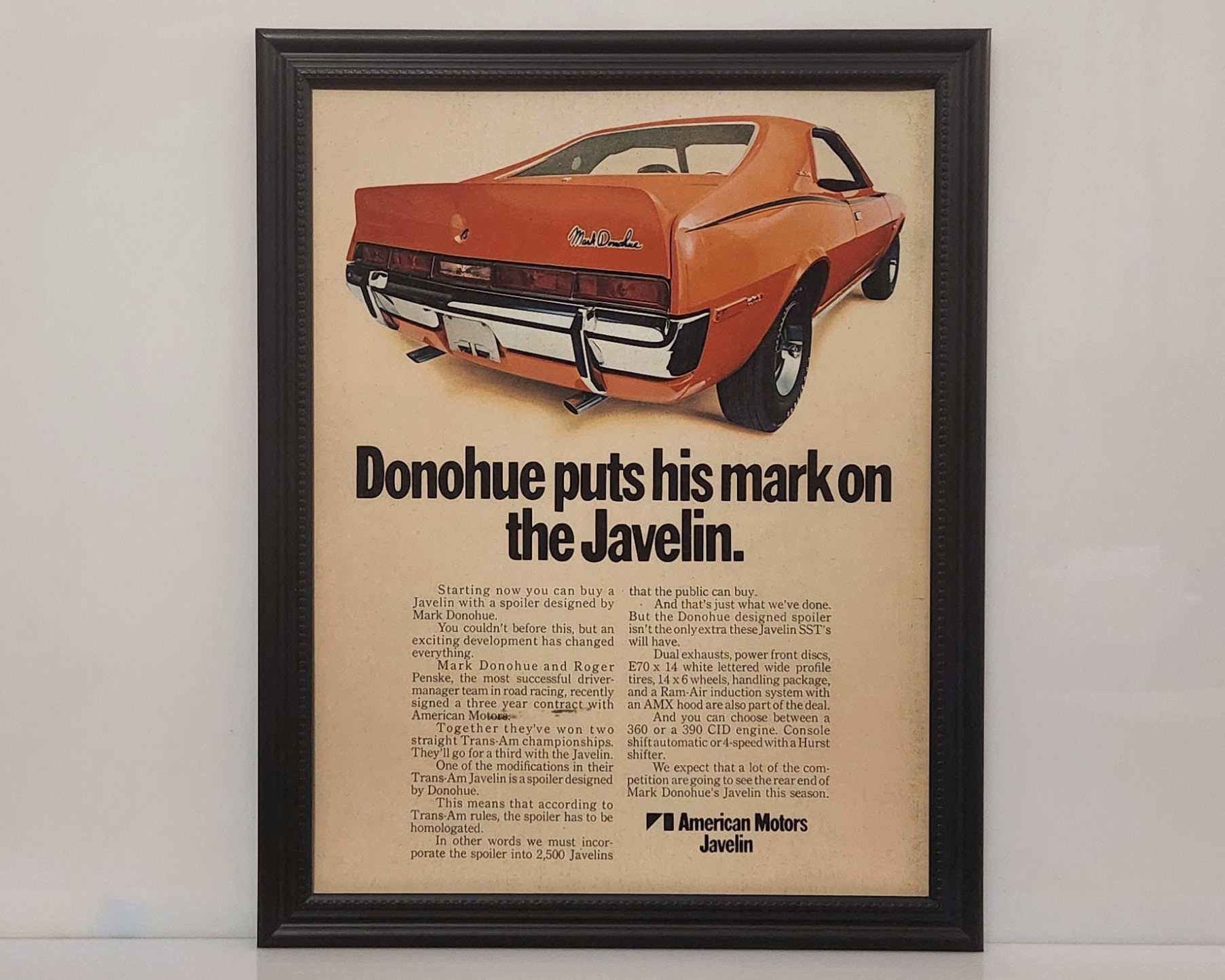Framed Vintage 70's Car Ad 1970 AMC Javelin Muscle Car