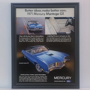 Framed Vintage 70&#39;s Car Ad 1971 Mercury Montego GT Retro Automotive Advertisement Classic Wall Art Photo Poster