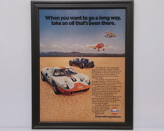 Framed Vintage 80's Gulf Ad '66 Ford GT40 Race Car '41 Tucker