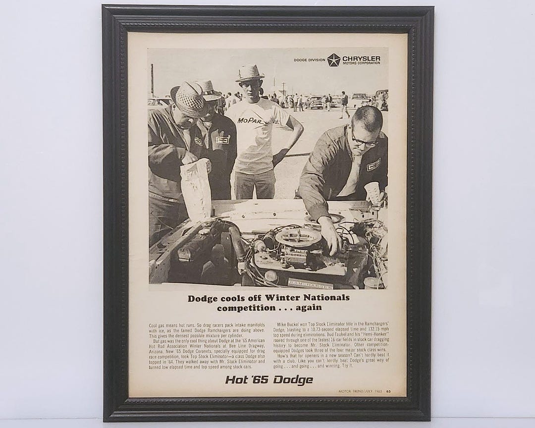 Framed Vintage 60's Car Ad 1965 Dodge Coronet Hemi 426 Wedge
