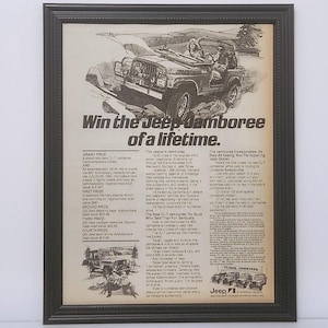 Cartel publicitario clásico en blanco y negro de 1982 para el sorteo del Jeep CJ-7 Jamboree de los años 80.