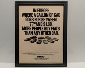 Framed Retro 70's Car Ad 1974 Fiat Automobiles Vintage Automotive Classic B&W Wall Art Photo Poster Advertisement