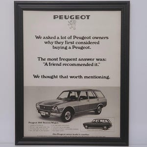 Framed Vintage 70's Car Ad 1972 Peugeot 504 Wagon Classic Automotive Advertisement Wall Art Photo Poster