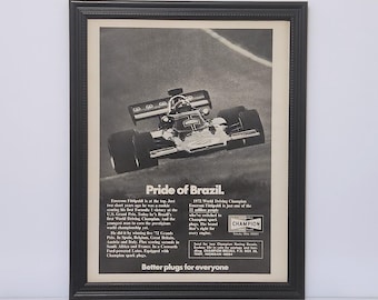Framed Vintage 70's Champion Ad 1972 Lotus John Player Special Formula 1 Race Car F1 Racing Classic B&W Advertisement Poster