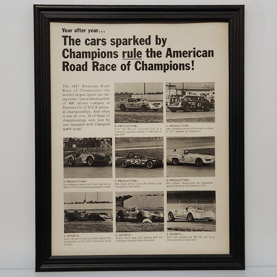 Framed 60's Vintage Champion Ad 1967 SCCA Race Cars Shelby Mustang ...