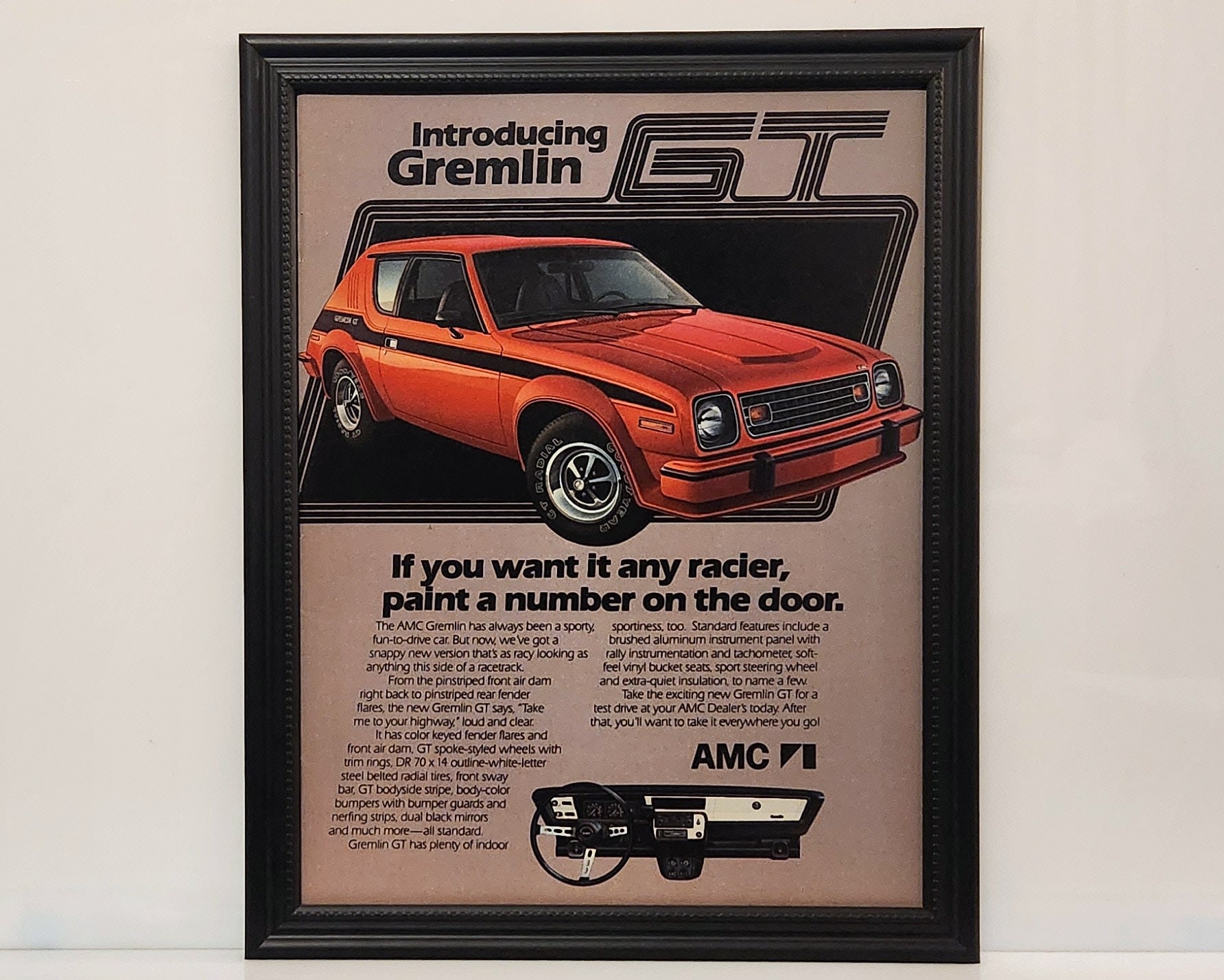 Framed 70's Vintage Car Ad 1978 AMC Gremlin GT Orange Coupe Retro