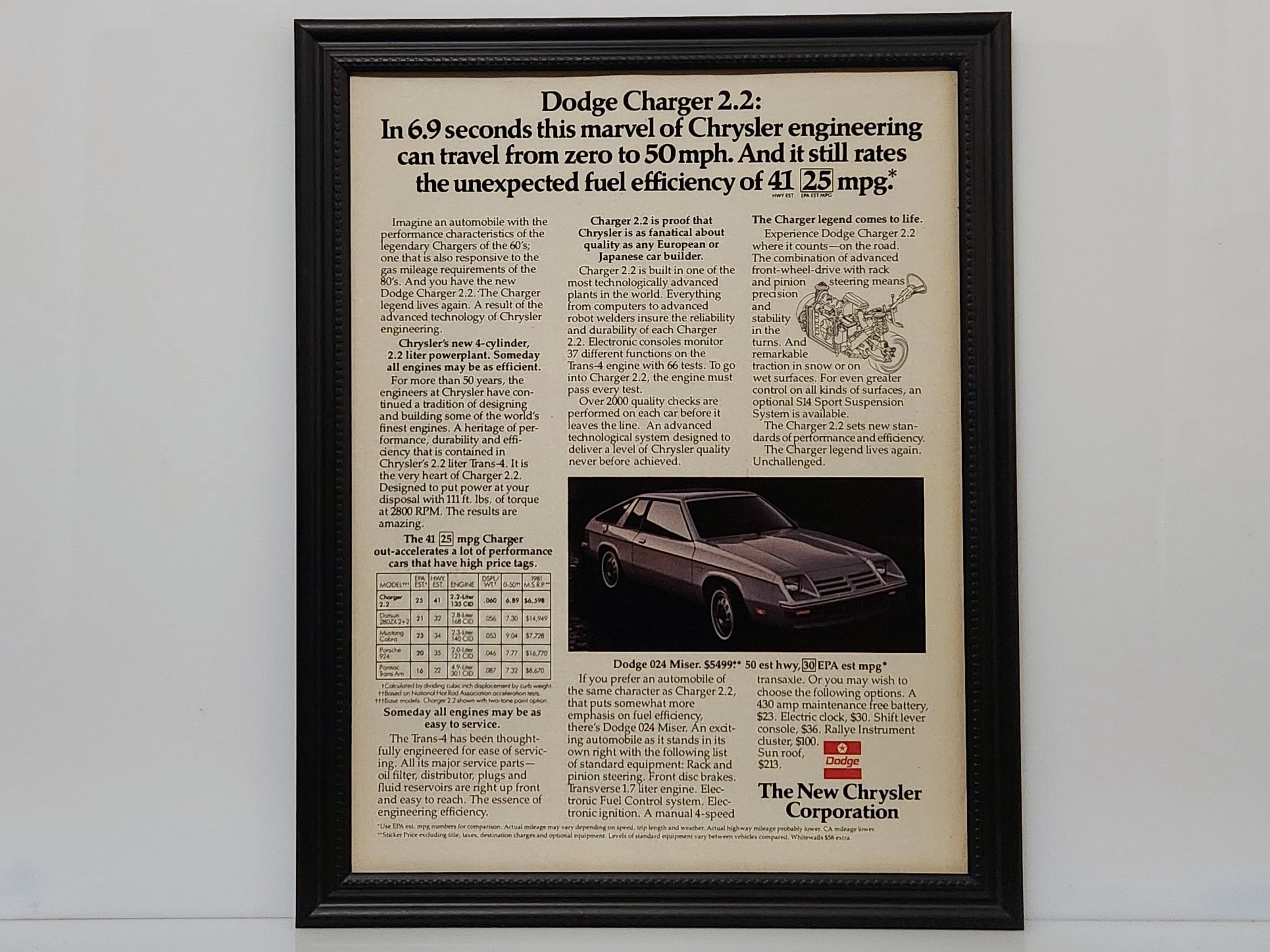 Framed Vintage 80's Car Ad Dodge Omni 024 Charger 2.2 1981 Classic