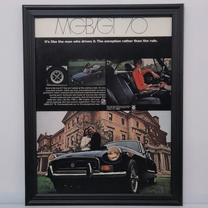 Framed Retro 70&#39;s Car Ad 1970 MG Midget British Racing Roadster Advertisement Vintage Automotive Classic Wall Art Photo Poster